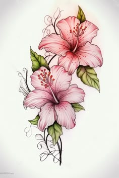 a drawing of two pink flowers with green leaves