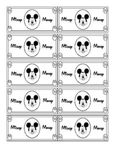 mickey mouse name tags are shown in black and white