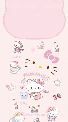 the hello kitty wallpaper is pink and has many stickers on it's side