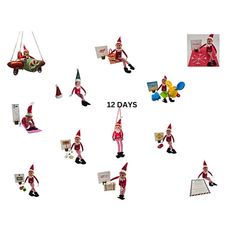 there are twelve elfs in different poses on the same page, each with an ornament