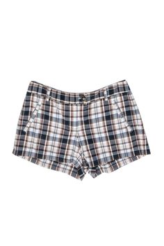 Current Boutique-Theory - Brown, Blue & Beige Plaid Short Sz 2 Summer Plaid Shorts With Built-in Shorts, Casual Plaid Cotton Shorts, Trendy Plaid Short Bottoms, Chic Plaid Cotton Shorts, Trendy Short Plaid Bottoms, Trendy Plaid Bottoms For Day Out, Plaid Cotton Shorts For Day Out, Trendy Plaid Shorts For Day Out, Chic Short Plaid Bottoms