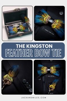 A luxury feather bow tie set, "The Kingston," by Jack & Miles.