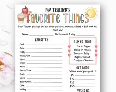 a printable teacher's favorite things list with pink flowers on the table next to it