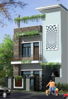 a man and two children are walking in front of a modern style house with balconyes