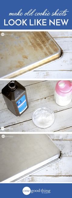 three pictures showing how to make cookie sheets look like new