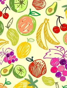 a bunch of different colored fruits on a white background