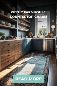 a kitchen with blue walls and wooden cabinets, the words rustic farmhouse counter top charm read more