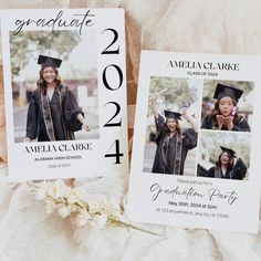 two graduation announcements are shown on a white background with flowers and ribbons in front of them