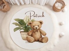 a brown teddy bear sitting next to a potted plant