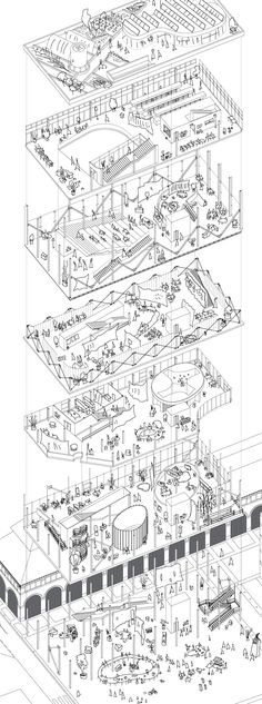 an architectural drawing of the inside of a building with multiple levels and sections that are connected to each other