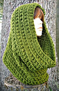 "As a native Vermonter, layers and warmth are the key to surviving a cold winter! Thank goodness for warm and fashionable oversized cowls. This large and cozy crochet cowl scarf measures 18 inches wide and 38 inches in circular length. It's hand crocheted in a warm wool blend yarn in a pine green colour. We can easily customize it to fit other sizes as well! Hand wash, dry flat. Every item from Pixiebell is handmade and knit or crocheted to order, unless otherwise stated in title of the item as Crocher Winter Hats, Dark Green Scarf Crochet, Mens Cowl, Cowl Scarf Crochet, Crochet Cowl Scarf, Crocheted Cowl, Crocheted Scarves, Knitted Stuff, Mens Scarf