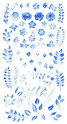 blue flowers and leaves painted on white paper