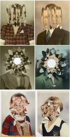 four different pictures with people's faces made out of paper strips and scissors on them