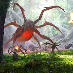 an image of a giant spider in the middle of a forest with two men on it