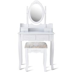 a white dressing table with a mirror and stool on it's legs, against a white background