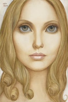 a drawing of a woman's face with long blonde hair and blue eyeliners