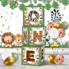 three boxes with animals and balloons in front of a jungle scene wallpapered with palm leaves