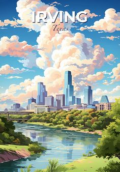 a painting of the city skyline with clouds in the sky and trees on the ground