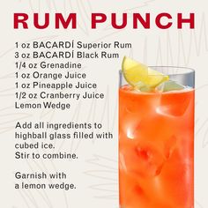 the rum punch recipe is shown in red and white