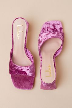 Pair the Lulus Maleka Mauve Crushed Velvet High Heel Slide Sandals to perfection with all your going-out looks! Plush crushed velvet shapes these must-have heels with a trendy square footbed, an open-toe upper, and a tapered toe strap. Effortless slide-on design makes for easy styling, all atop a sculpted block heel. 3" wrapped sculpted block heel. Cushioned insole. Felted rubber sole has nonskid markings. Man made materials. Imported. Lulus | Maleka Mauve Crushed Velvet High Heel Slide Sandal H Cheap Slip-on Mules With Stacked Heel, Pink Velvet Mules, Medium Width Stacked Heel Slip-on Mules, Pink Open Heel Synthetic Mules, Velvet High Heels, Pink Mules With 4-inch Heel And Open Heel, Velvet Sandals, Going Out Looks, Size 11 Heels