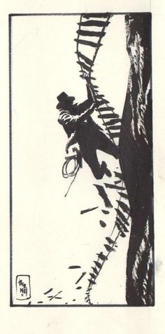 a black and white drawing of a man climbing up the side of a tree