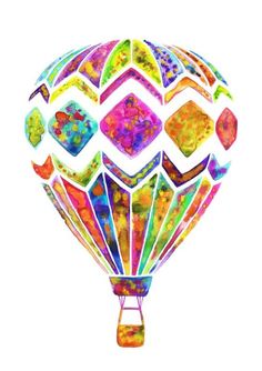 a colorful hot air balloon with geometric designs on it's side, painted in watercolor