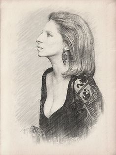 a pencil drawing of a woman with long hair and earrings on her head, looking off to the side