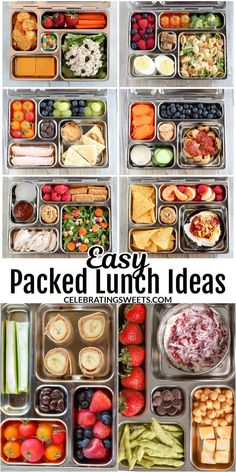 an assortment of packed lunch ideas in plastic containers with text overlay that reads easy and healthy lunch ideas