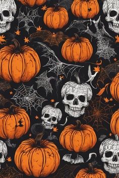 a bunch of pumpkins and skulls on a black background with spiderwetches