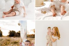 four pictures of babies and their moms in white outfits, one is holding a baby