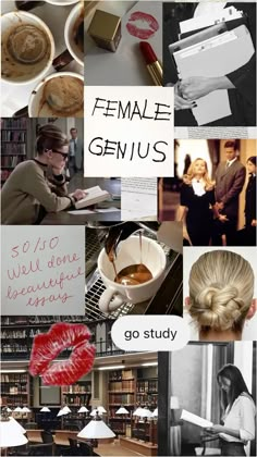 the collage shows different types of writing and pictures with words on them, such as female genius