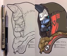 a drawing of a helmet and some drawings