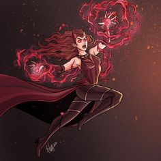 a drawing of a woman flying through the air with red hair and an evil look on her face