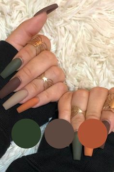 Paleta de cores de outono em tons mate para unhas de gel! Matte Nails Fall Colors, Fall Nail Color Palette, Fall Nails Ideas Autumn Matte, Brown And Green Nails Design, Fall Color Palette Nails, Fall Nails Ideas Autumn 2024, Matte Fall Nails, Spirit Nails, Nails Thanksgiving