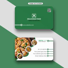 two business cards with food on them, one is green and the other is white