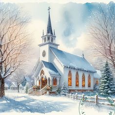 a painting of a church in the snow