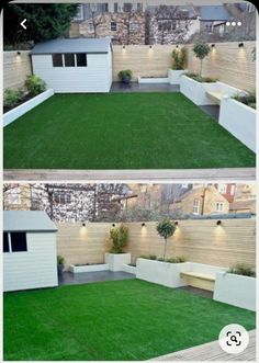 two pictures of a small backyard with grass and lights on the side of the building