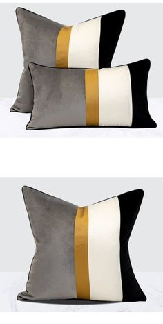 two black and white pillows with gold trims on each pillow, both in different colors