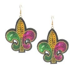 pair of colorful fleur de lis earrings with sequins on white background