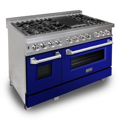 a blue stove top oven with two burners