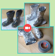 four pictures of different types of shoes and duct tape