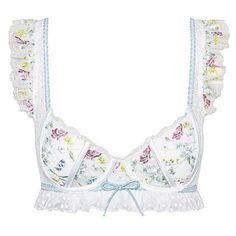 Support And Style Meet In This Charming, Eyelet Piece Bra And Matching Midsummer Floral Hi-Waist Panty. Lightly-Lined Wireless Scalloped Lace Accents Shirred Elastic Straps Back Closure Floral Print With Polka Dots Hand Wash, Lay Flat To Dry Matching Hi Waist Panty Summer Lace Underwire Bra, Feminine White Bra, Feminine White Bra For Spring, White Feminine Daywear Bra, Feminine White Bra For Daywear, Summer Daywear Underwire Bra, Light Blue Summer Bra, White Summer Daywear Bra, Blue Lace Trim Bra For Summer