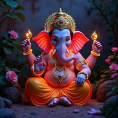 there is a statue of an elephant with two candles in its hand and flowers around it