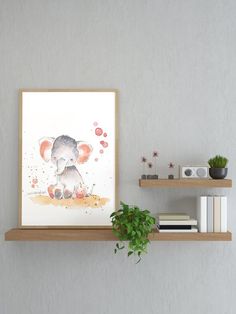 an elephant is sitting on the shelf next to a potted plant