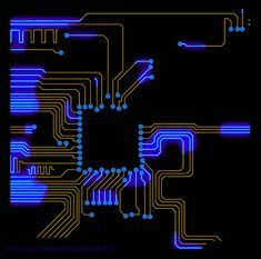 an electronic circuit board with blue and yellow lines in the shape of a flower on it