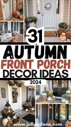 the front porch decorated for fall with pumpkins and other decorations