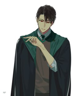 an anime character with black hair wearing a green robe and holding his hand out to the side