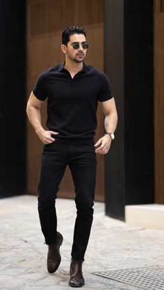 All Black Dressy Casual Outfits Men, All Black Polo Outfit Men, Men Outfit Formal Casual, Men’s All Black Formal Outfit, Outfits With Black Pants Men, Semi Formal All Black Outfit Men, Men’s Professional Style, Mens Dress Pants Outfits Business Casual, Men In All Black Outfits