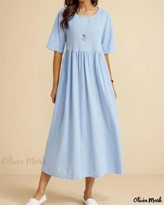 Olivia Mark - Elegante y cómodo vestido midi de lino y algodón con favorecedor corte holgado, cuello redondo y medias mangas Women Dresses Casual, Modest Clothing For Women, Country Casual, Simple Sewing, Cotton Linen Dresses, Linen Midi Dress, Casual Home, Dress With Sleeves, Weave Style