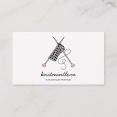 a white business card with an image of knitting needles